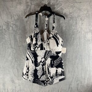 Raisins Women's Swimsuit 16W Tankini Top T Strap Underwire Black White Abstract